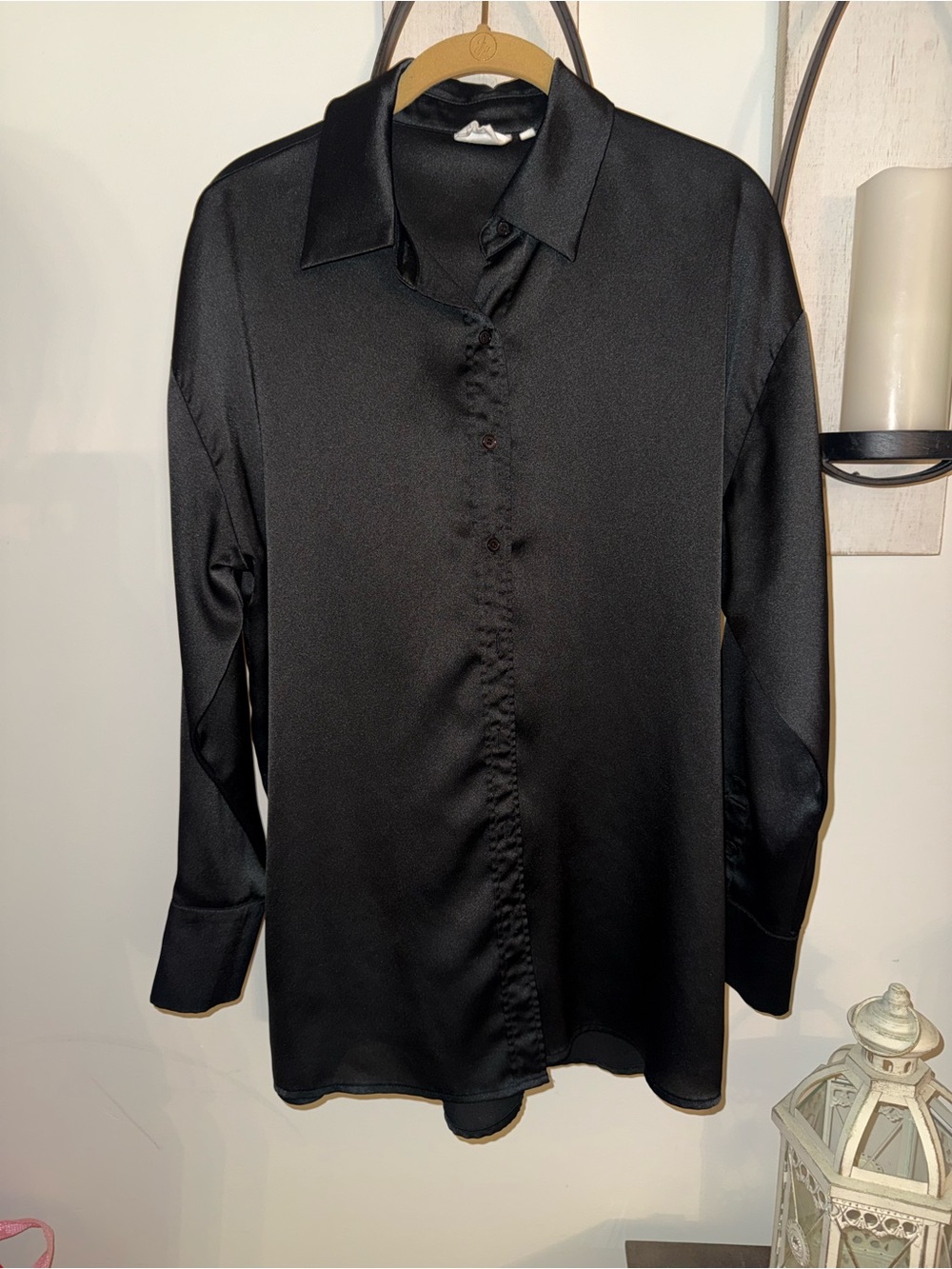 NIA oversized Classic Black Satin Button-Up Top